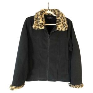 Womens Black Fleece Jacket Faux Leopard Print Collar/Cuffs sz 1X by Effeci
